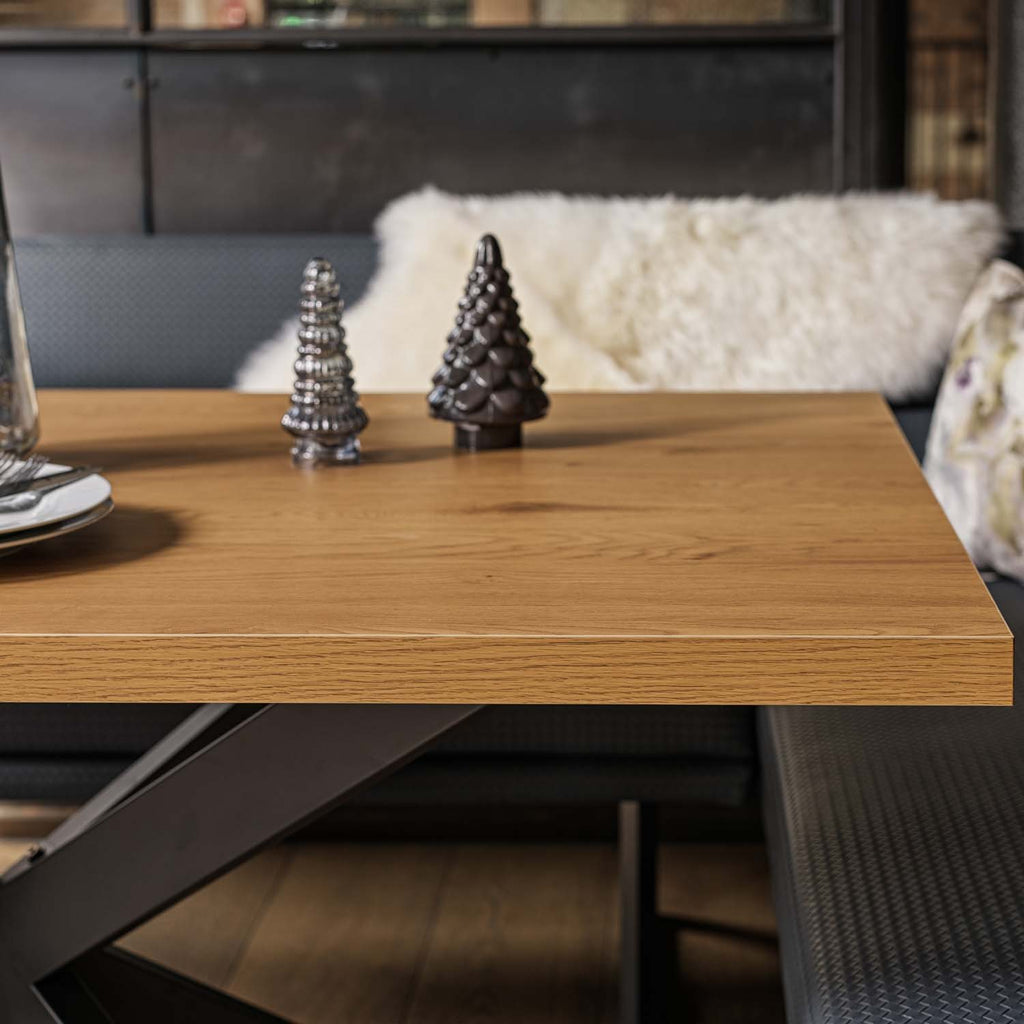 Jupiter Dining Set - Smoked Oak - With RHF Corner Bench & Low Bench in Blue