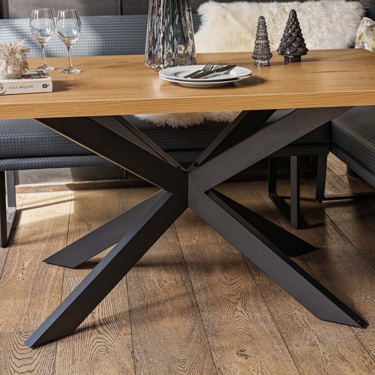Jupiter Dining Set - Smoked Oak - With RHF Corner Bench & Low Bench in Blue