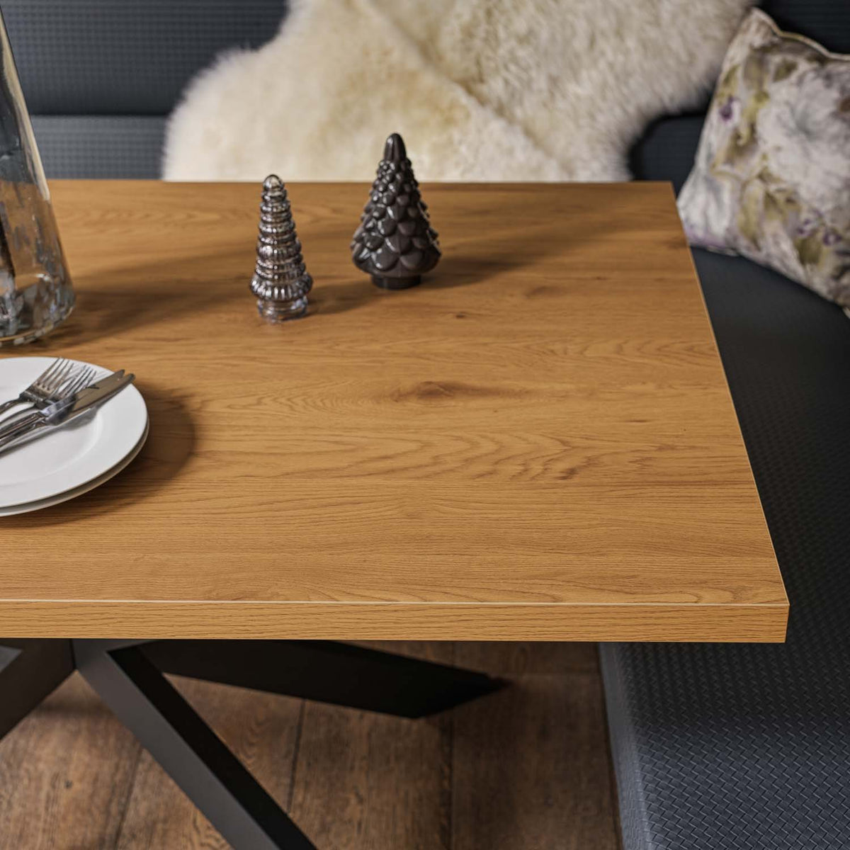 Jupiter Dining Set - Smoked Oak - With RHF Corner Bench & Low Bench in Blue