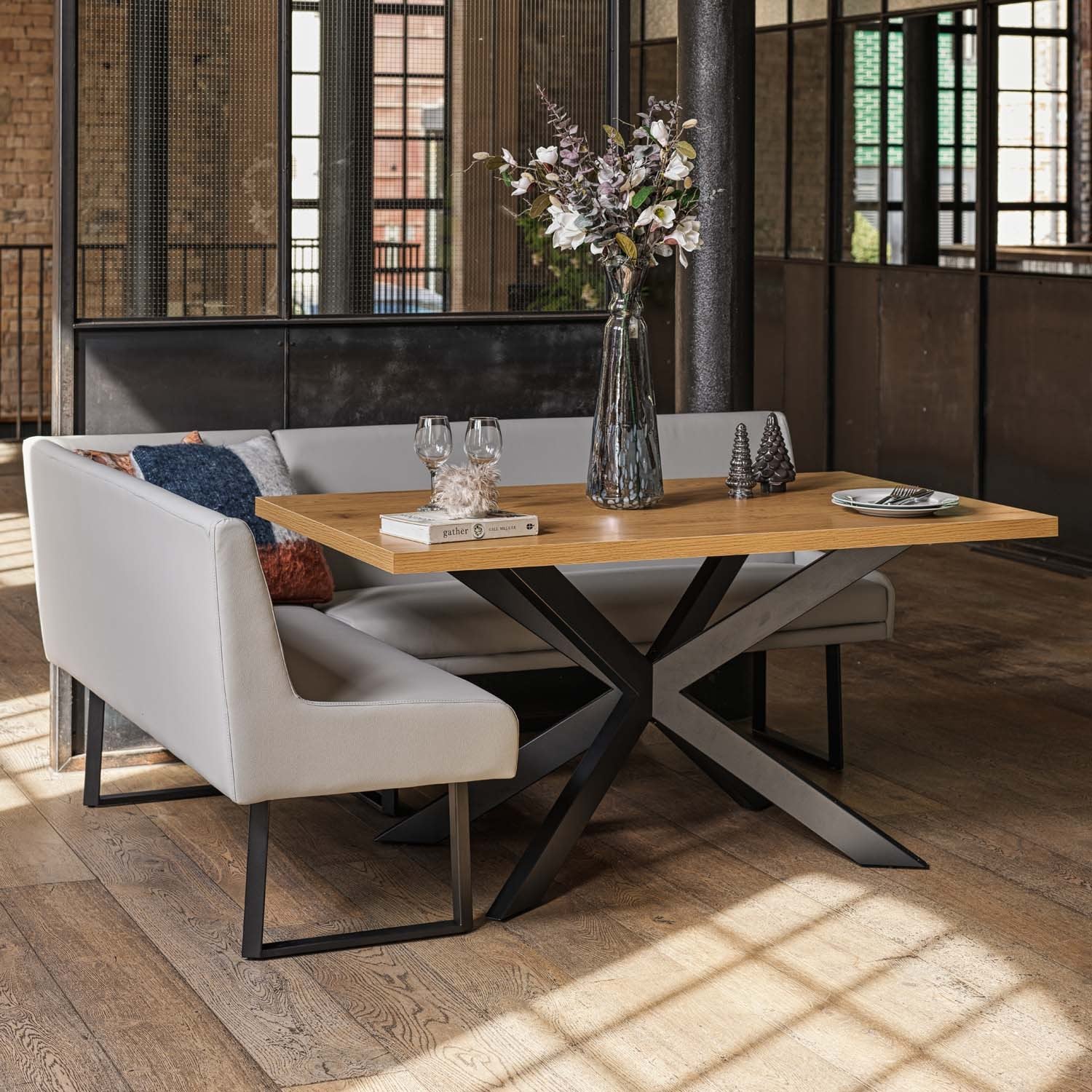 Jupiter Dining Set - Smoked Oak - With RHF Corner Bench & Low Bench in Light Grey
