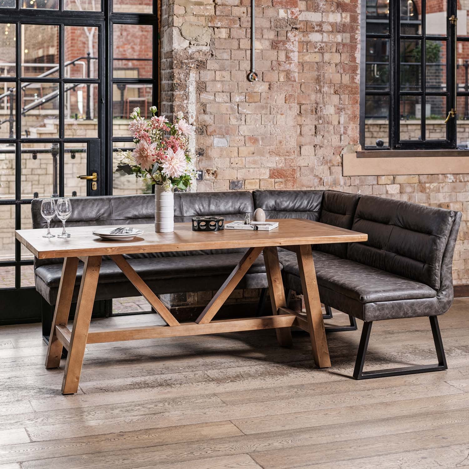 Brisbane 180cm Dining Table & Industrial Corner Bench with Low Bench in Grey