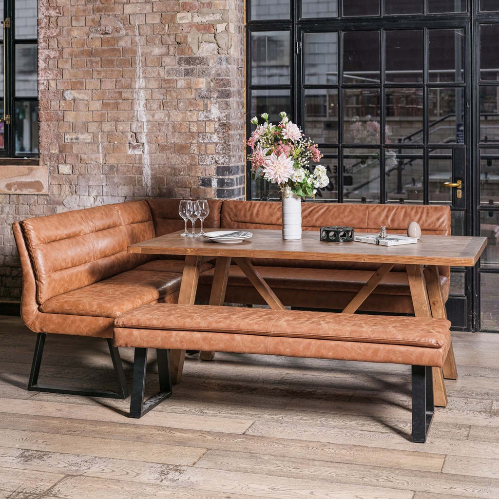 Brisbane 180cm Dining Table & Industrial Corner Bench with Low Bench in Tan