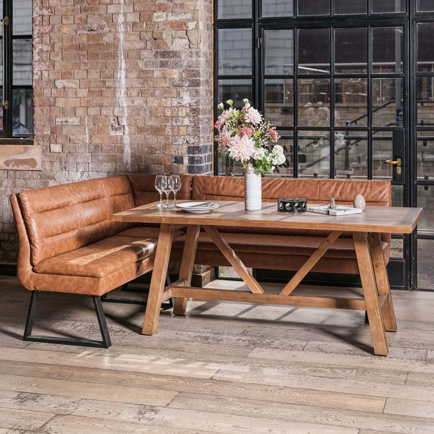 Brisbane 180cm Dining Table & Industrial Corner Bench with Low Bench in Tan