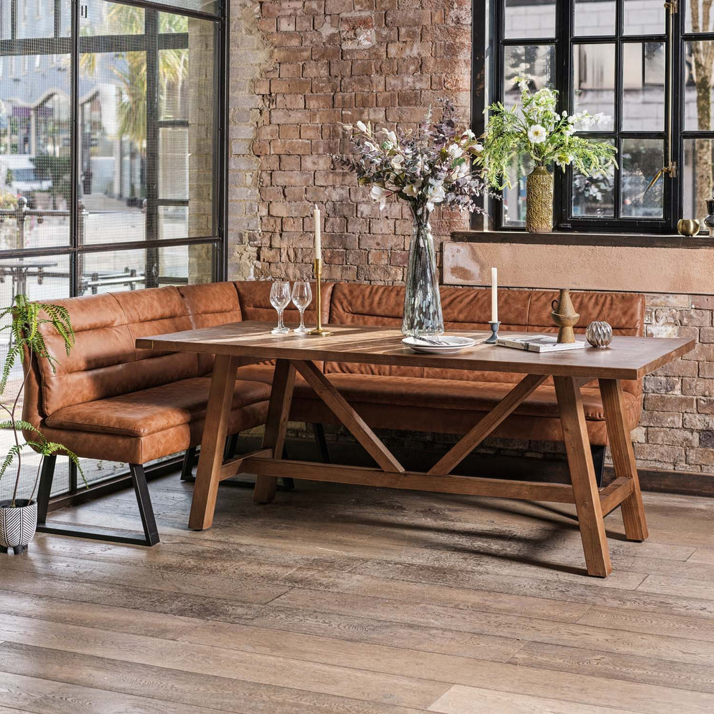 Brisbane 200cm Dining Table & Industrial Corner Bench with Low Bench in Tan