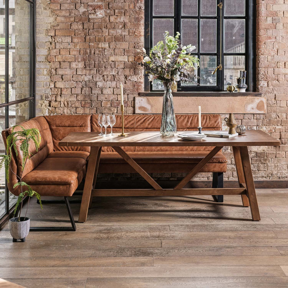 Brisbane 200cm Dining Table & Industrial Corner Bench with Low Bench in Tan