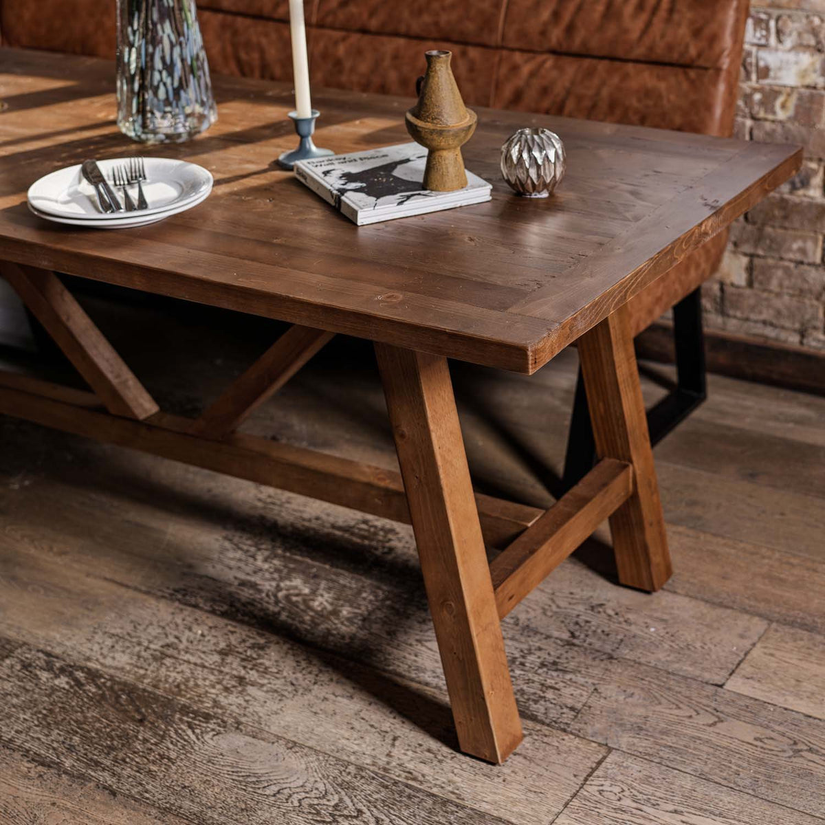 Brisbane 200cm Dining Table & Industrial Corner Bench with Low Bench in Tan