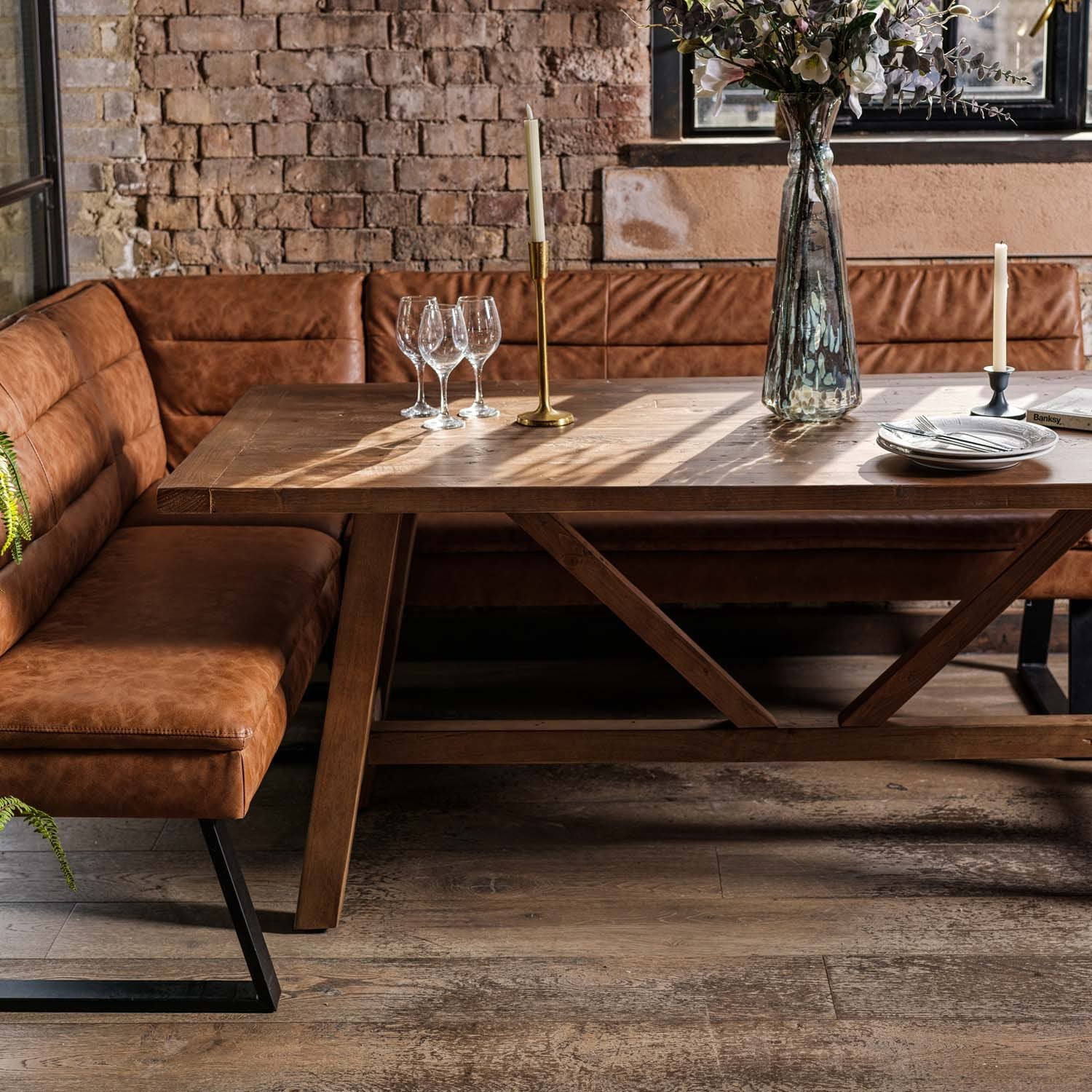 Brisbane 200cm Dining Table & Industrial Corner Bench in Tan
