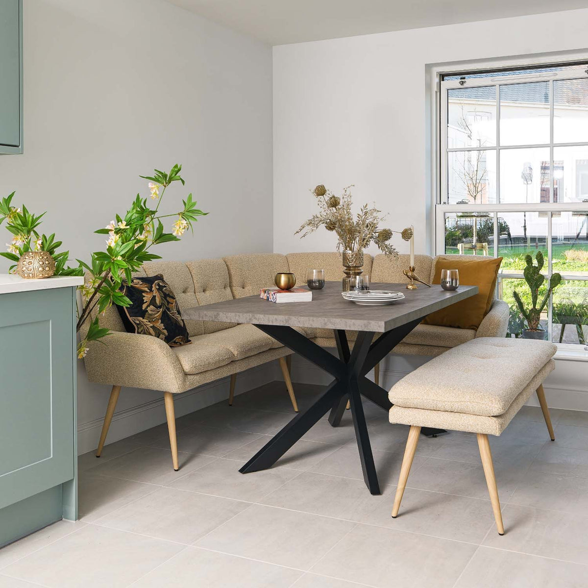 Jupiter 150cm Dining Table - Faux Concrete - With Sloane Corner & Low Bench