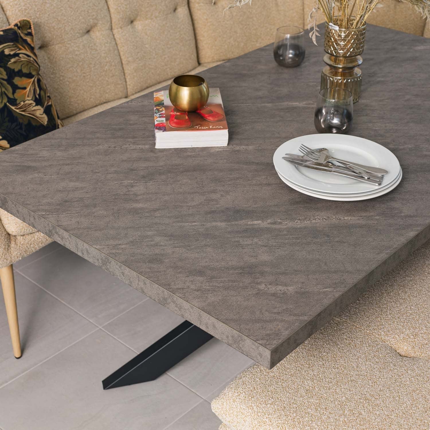 Jupiter 150cm Dining Table - Faux Concrete - With Sloane Corner & Low Bench