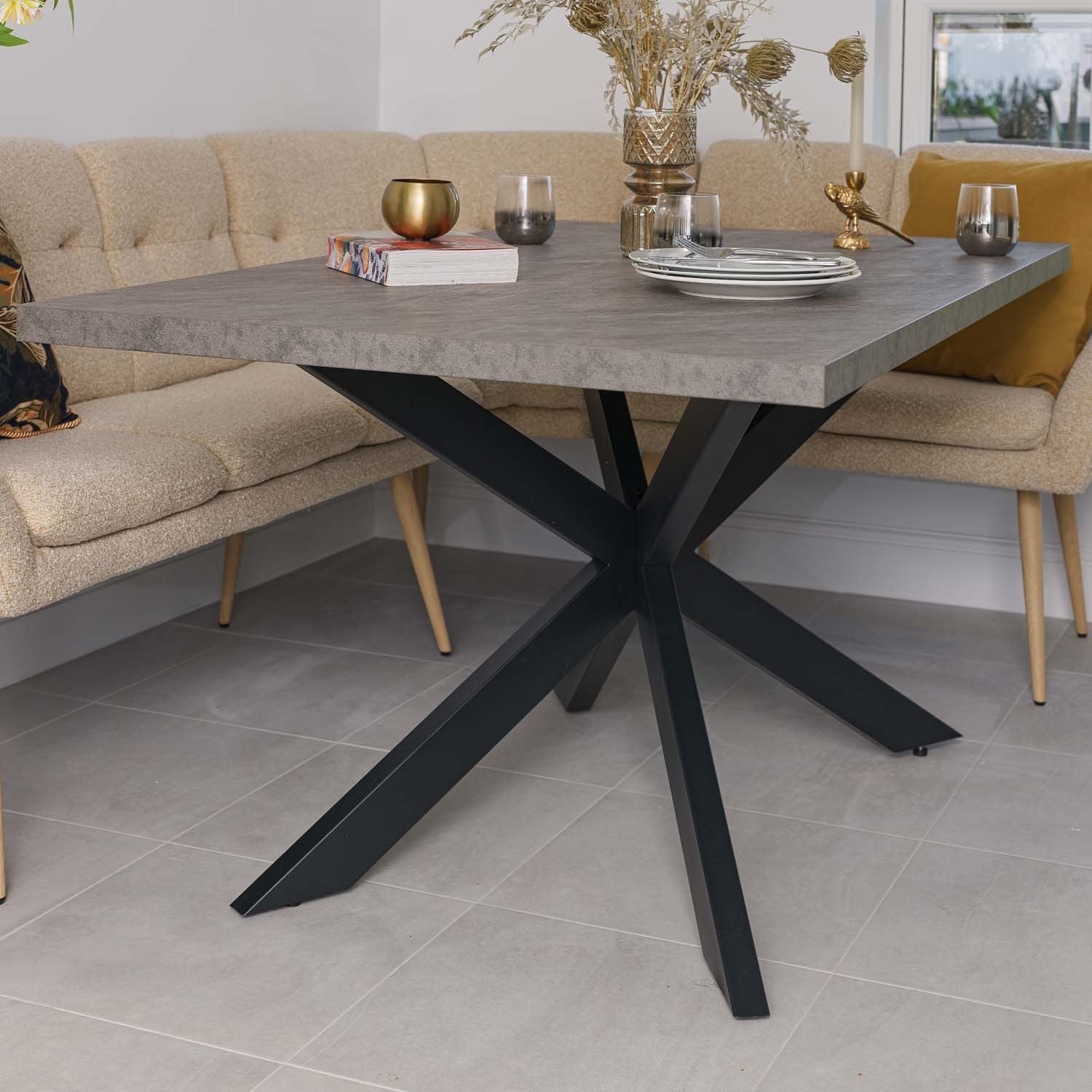 Jupiter 150cm Dining Table - Faux Concrete - With Sloane Corner & Low Bench