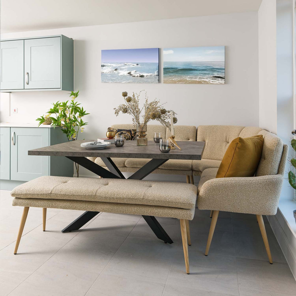 Jupiter 150cm Dining Table - Faux Concrete - With Sloane Corner & Low Bench