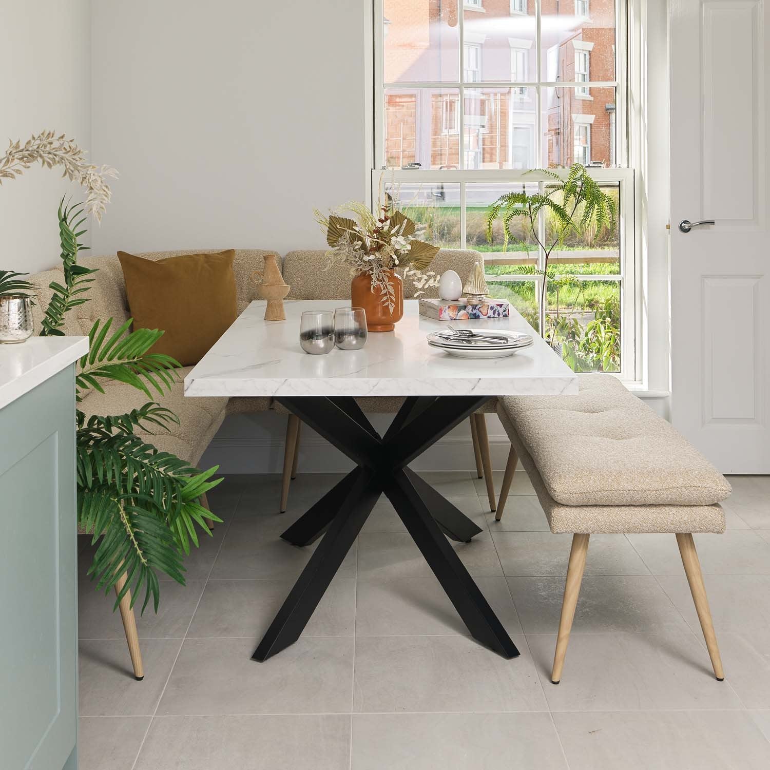 Jupiter 150cm Dining Table - Marble - With Sloane Corner & Low Bench