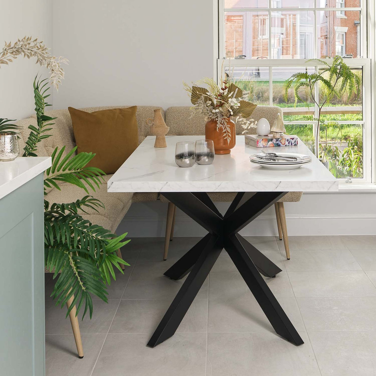 Jupiter 150cm Dining Table - Marble - With Sloane Corner & Low Bench