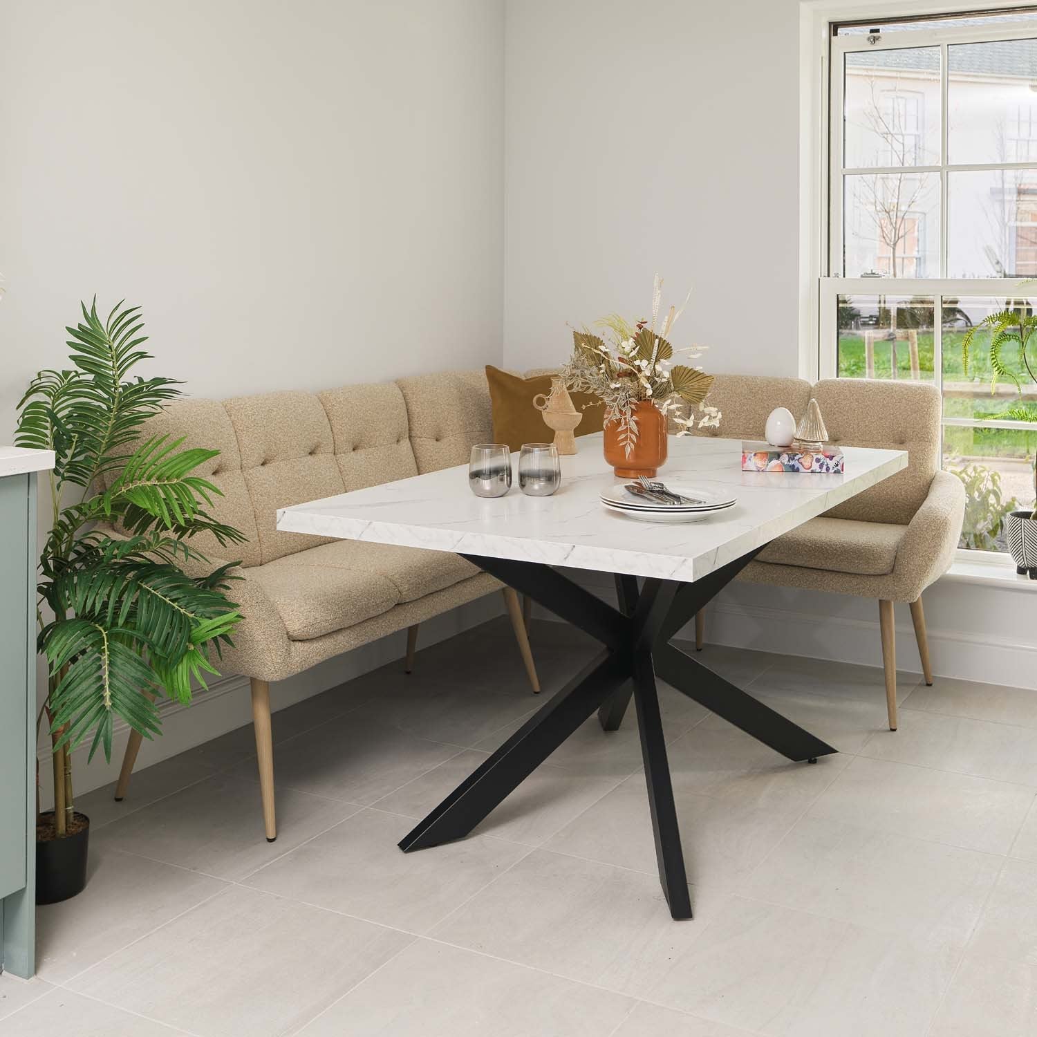 Jupiter 150cm Dining Table - Marble - With Sloane Corner & Low Bench