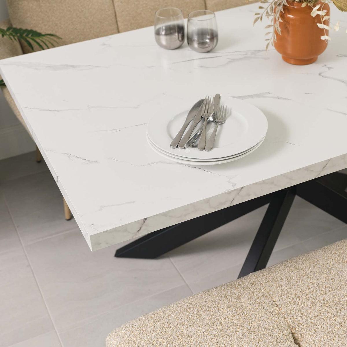 Jupiter 150cm Dining Table - Marble - With Sloane Corner & Low Bench