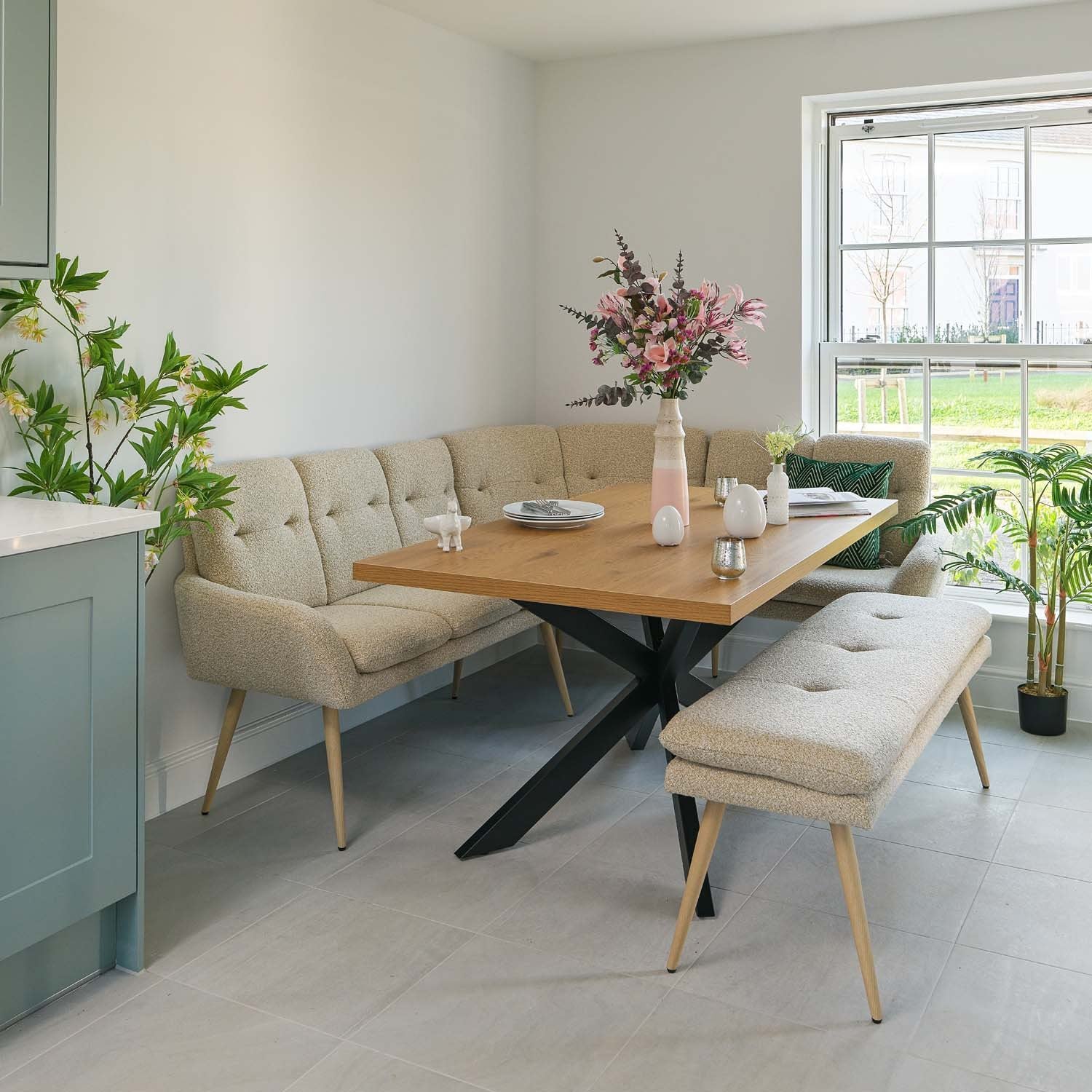 Jupiter 150cm Dining Table - Smoked Oak - With Sloane Corner & Low Bench