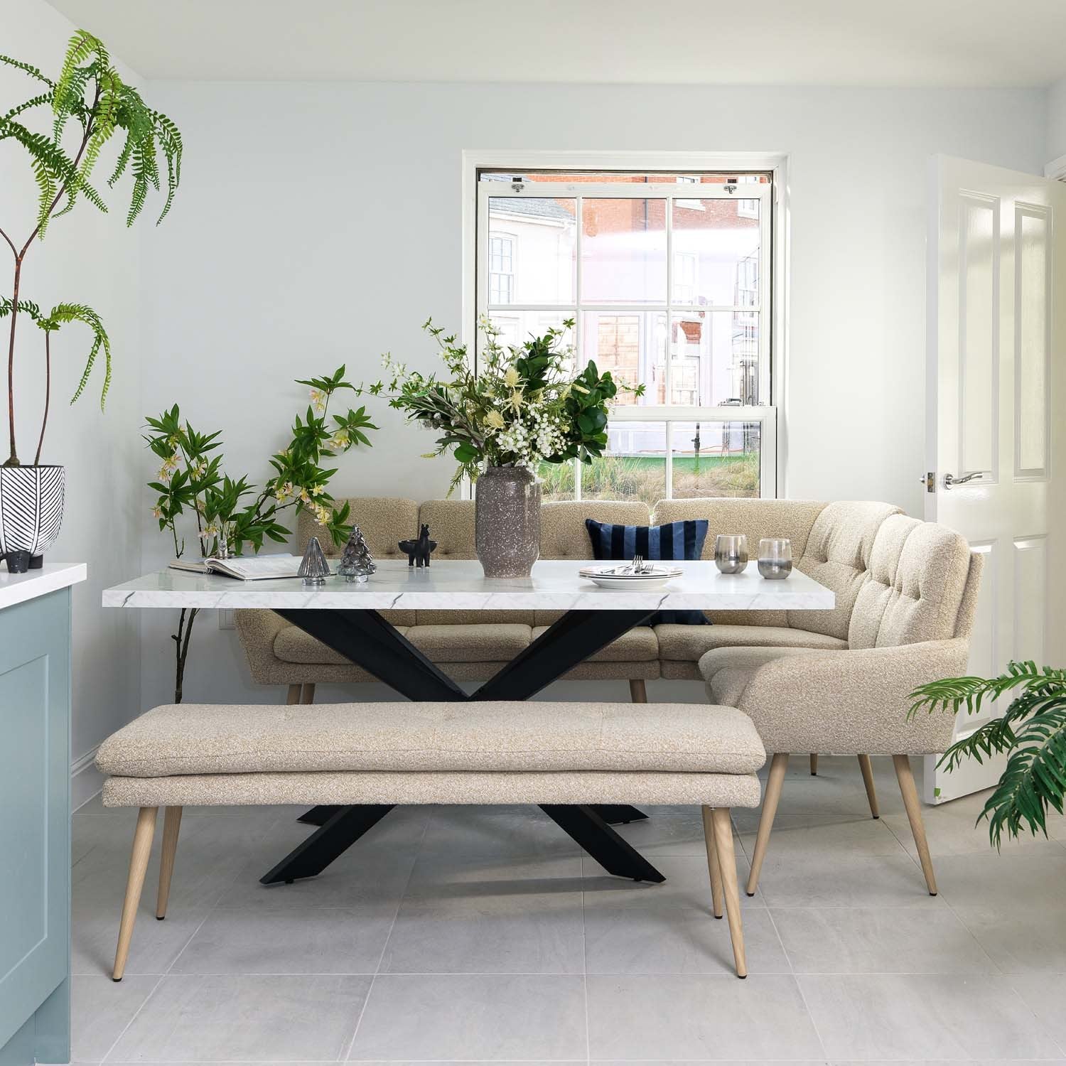 Jupiter 180cm Dining Table - Marble - With Sloane Corner & Low Bench