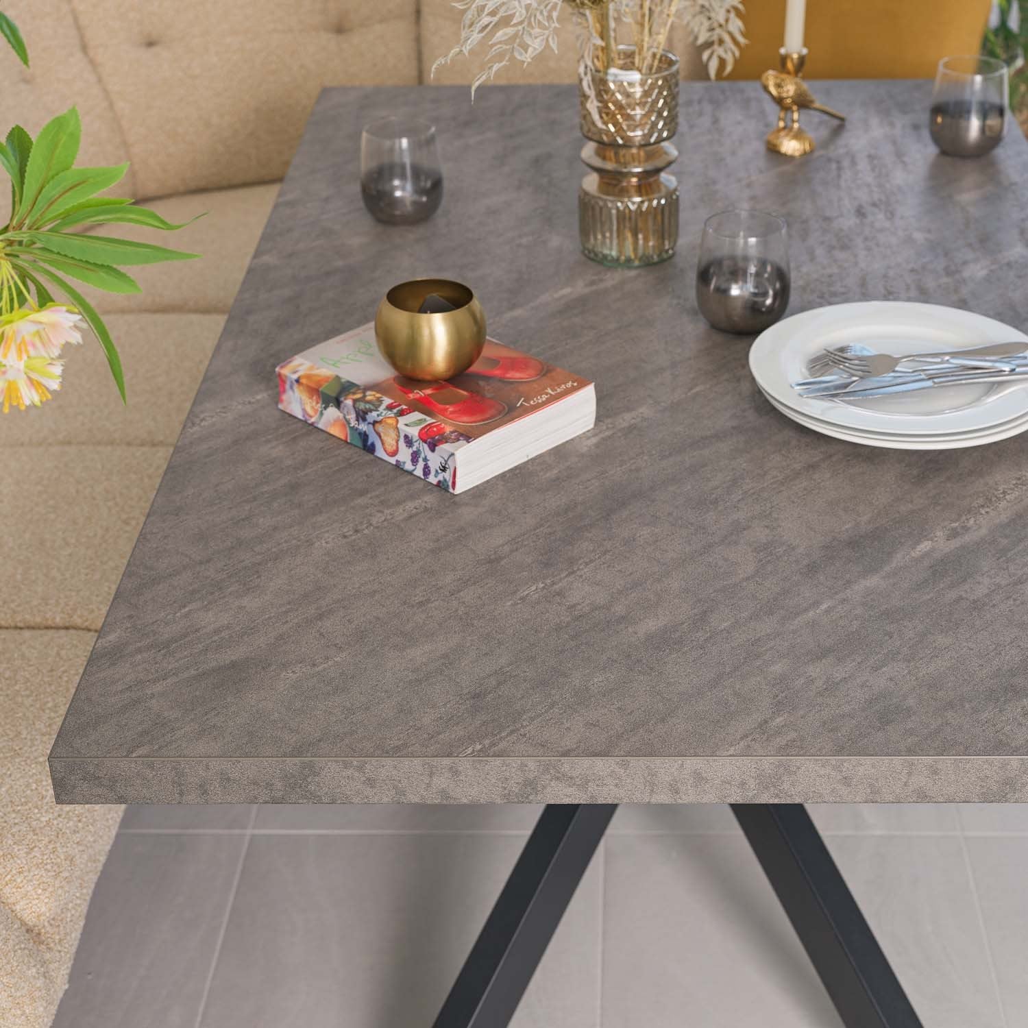 Jupiter 150cm Dining Table - Faux Concrete - With Sloane Corner Bench