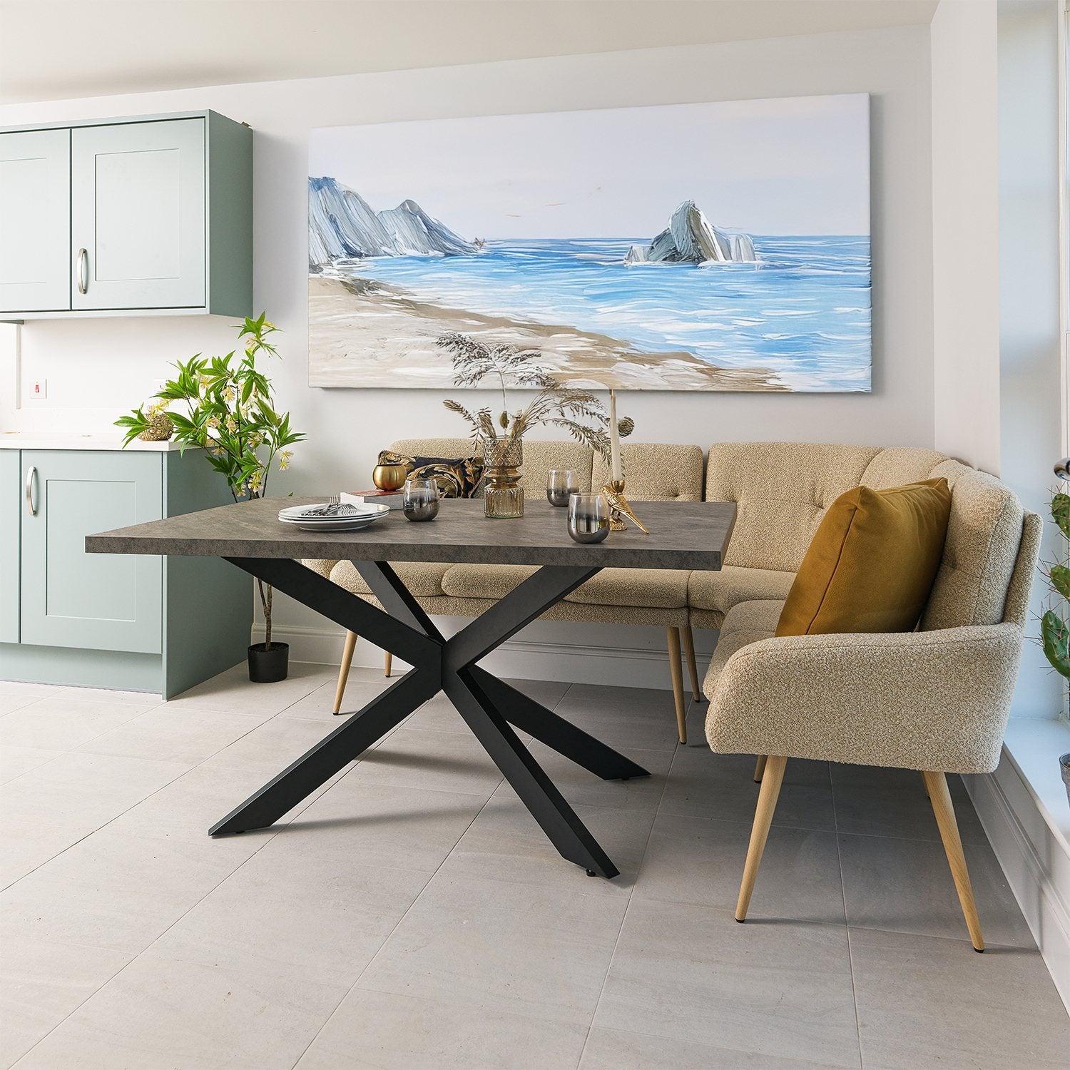 Jupiter 150cm Dining Table - Faux Concrete - With Sloane Corner Bench