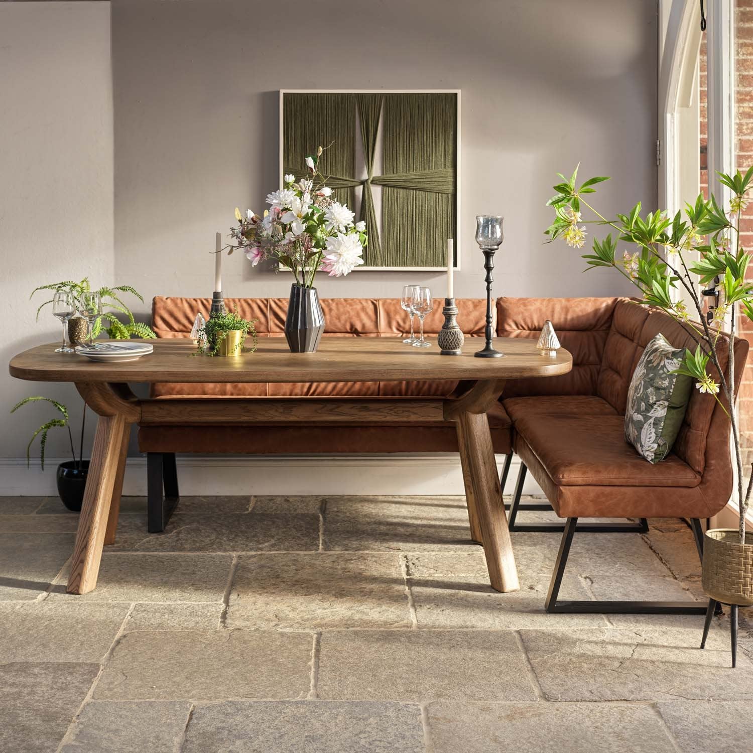 Ashmore 200cm Dining Table with Industrial Corner Bench - Tan