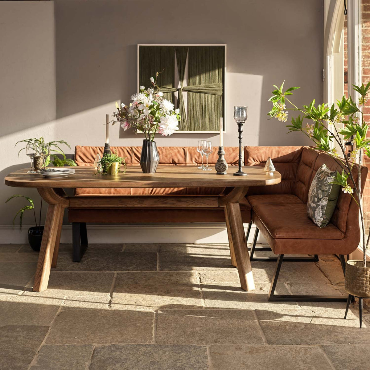 Ashmore 200cm Dining Table with Industrial Corner Bench - Tan