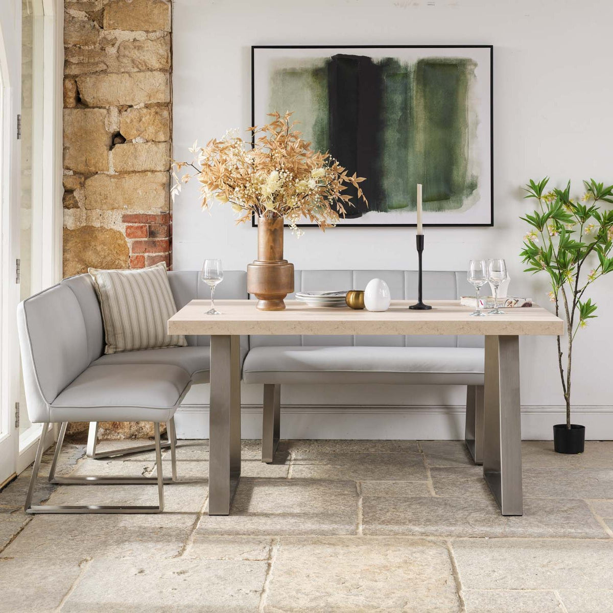 Neptune 150cm Dining Table with RHF Corner Bench & 137cm Low Bench - Misty