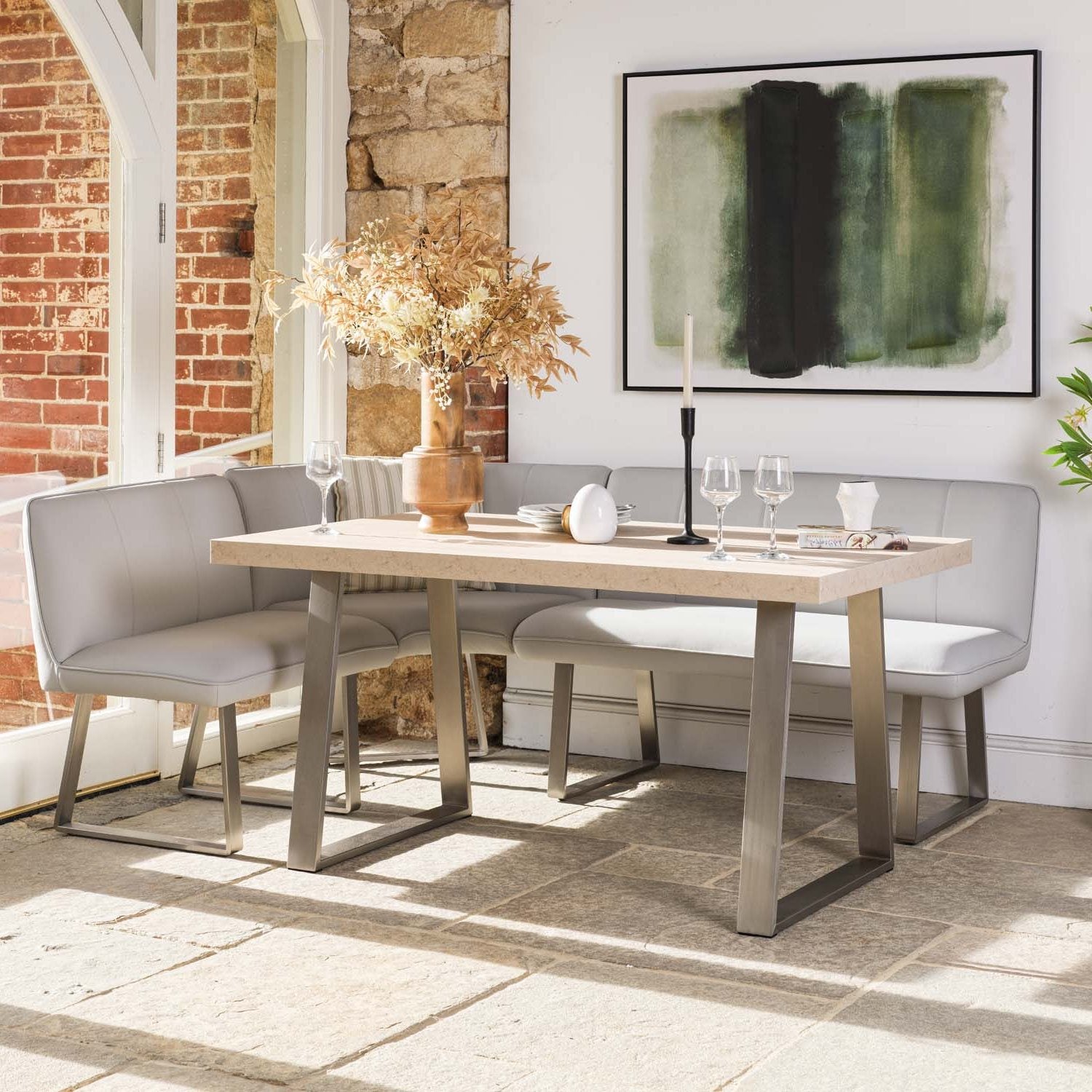 Neptune 150cm Dining Table with RHF Corner Bench & 137cm Low Bench - Misty