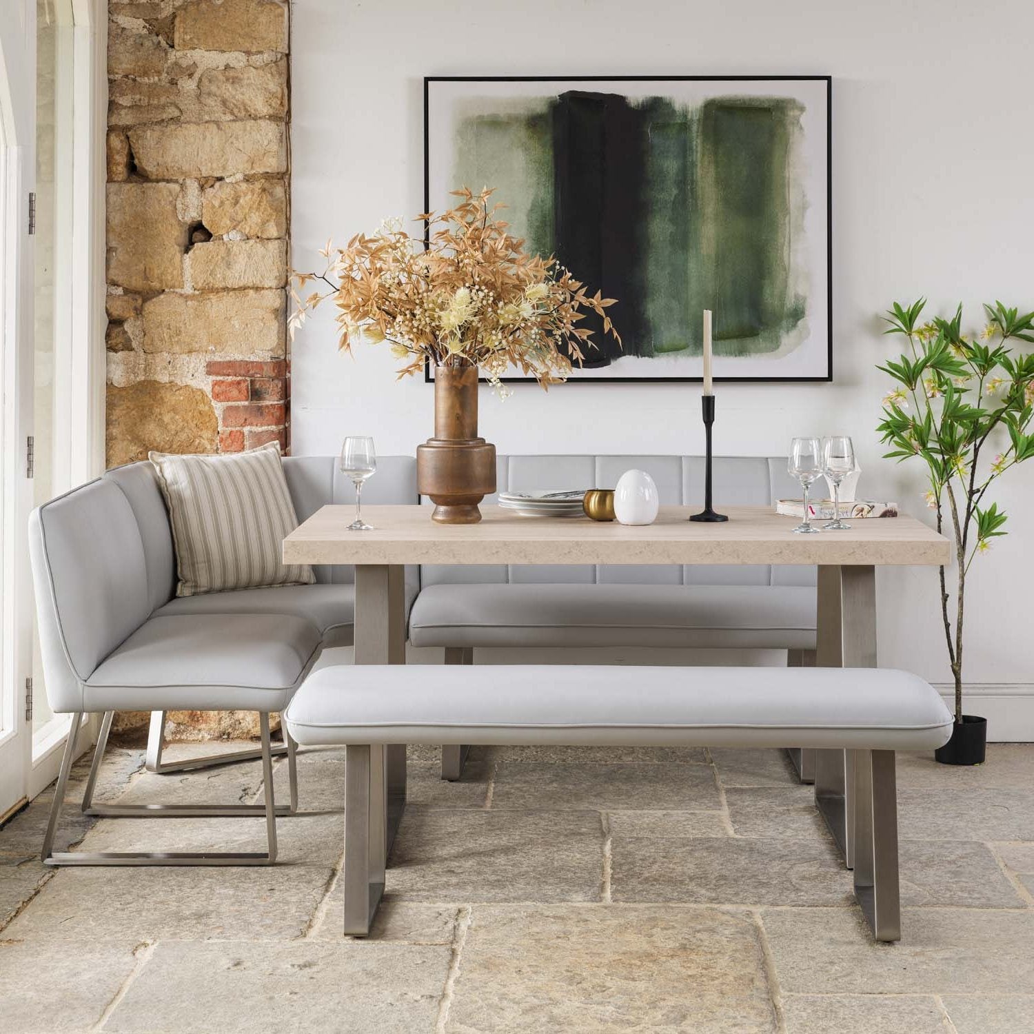 Neptune 150cm Dining Table with RHF Corner Bench & 137cm Low Bench - Misty