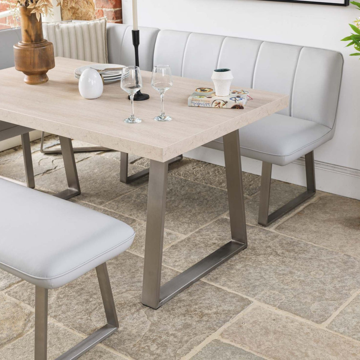 Neptune 150cm Dining Table with RHF Corner Bench & 137cm Low Bench - Misty