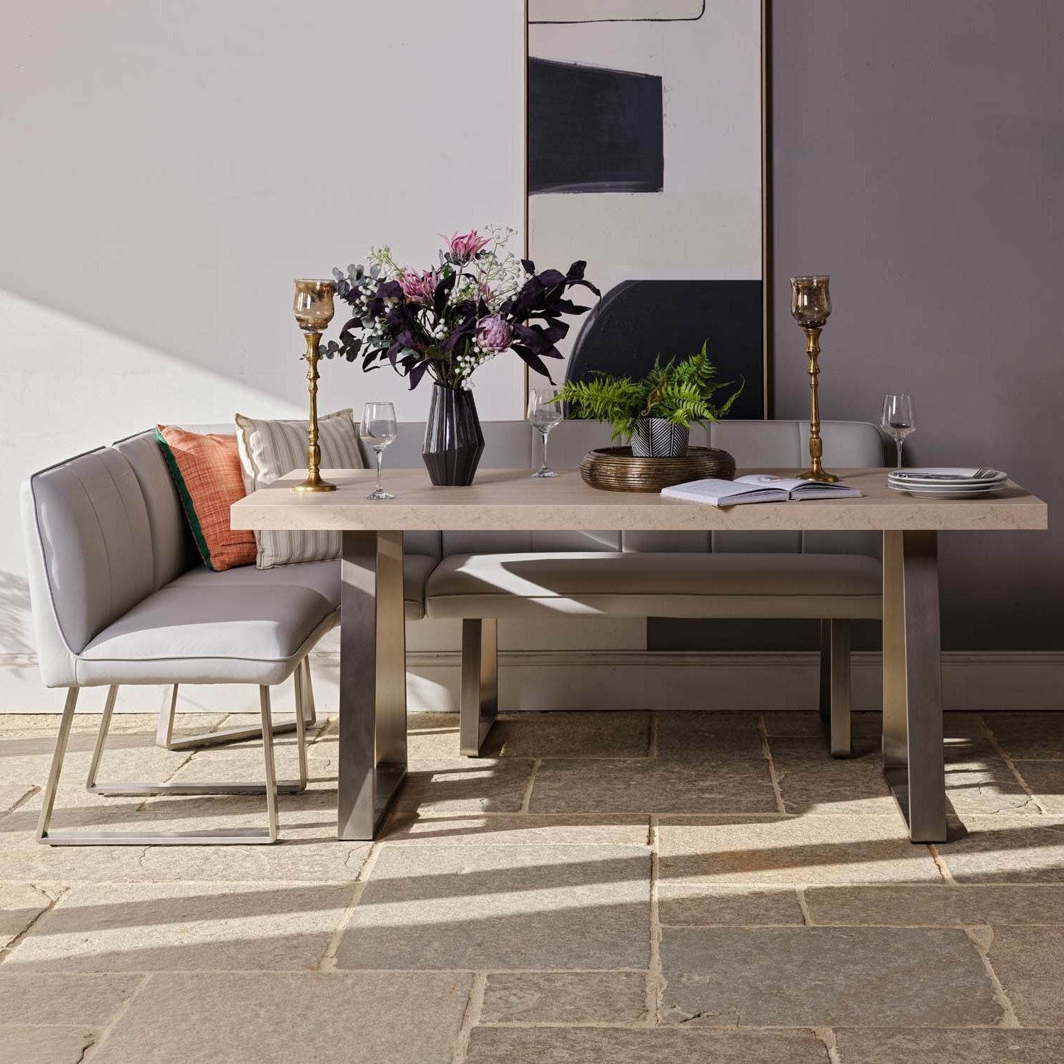 Neptune 180cm Dining Table with RHF Corner Bench & 160cm Low Bench - Misty