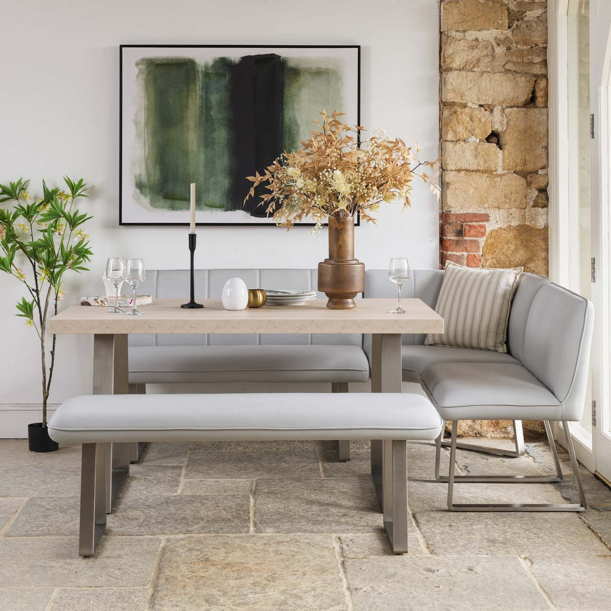 Neptune 150cm Dining Table with LHF Corner Bench & 137cm Low Bench - Misty