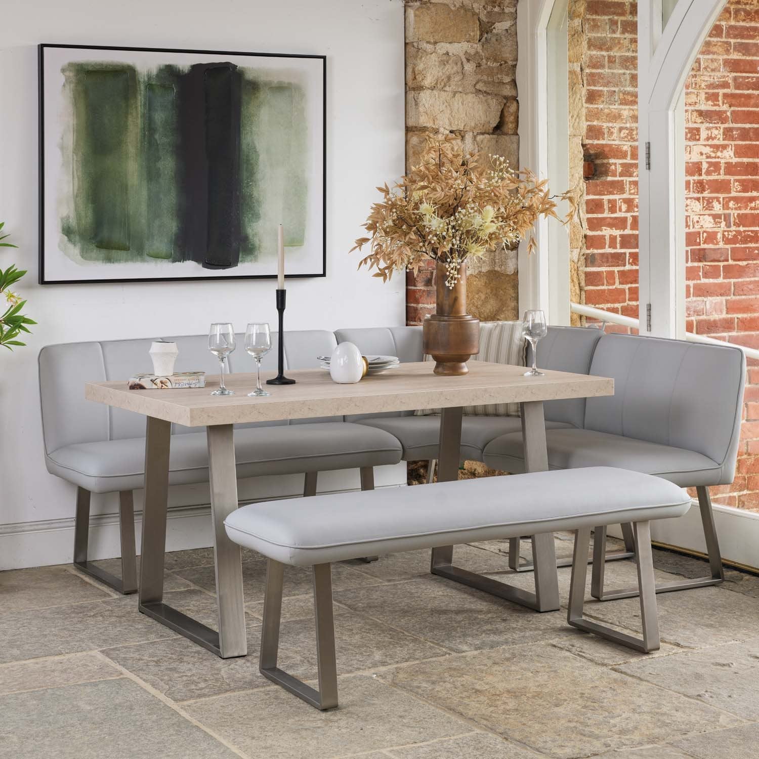 Neptune 150cm Dining Table with LHF Corner Bench & 137cm Low Bench - Misty