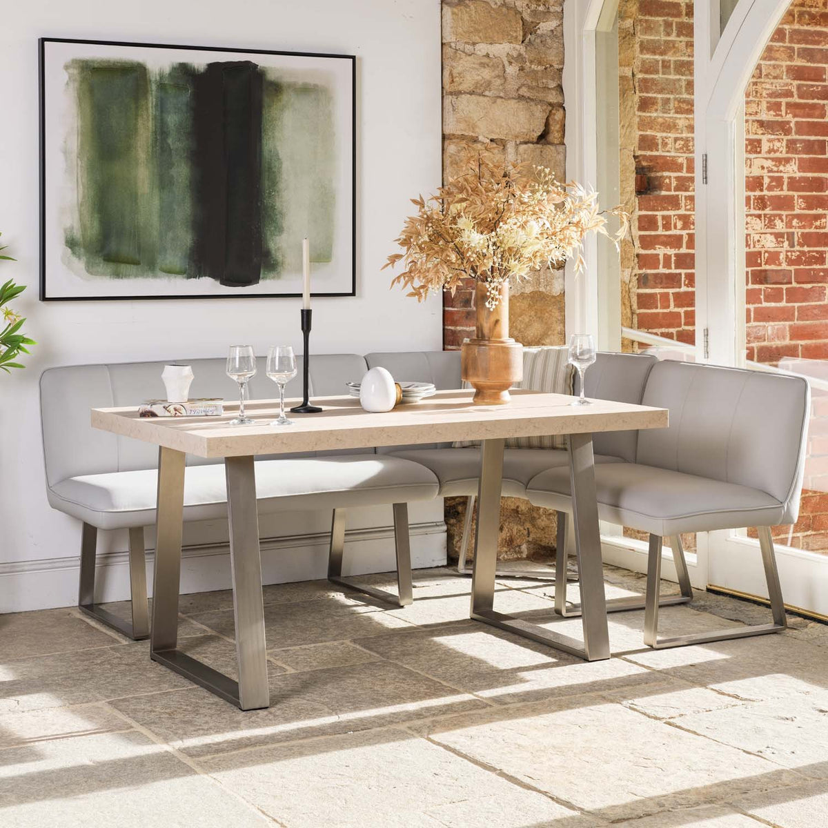 Neptune 150cm Dining Table with LHF Corner Bench & 137cm Low Bench - Misty