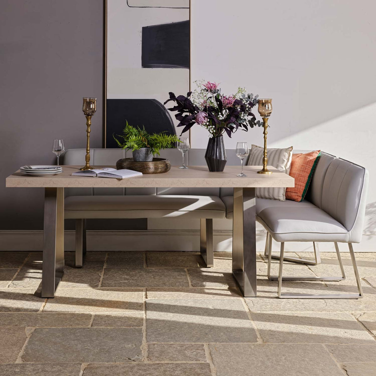 Neptune 180cm Dining Table with LHF Corner Bench & 160cm Low Bench - Misty
