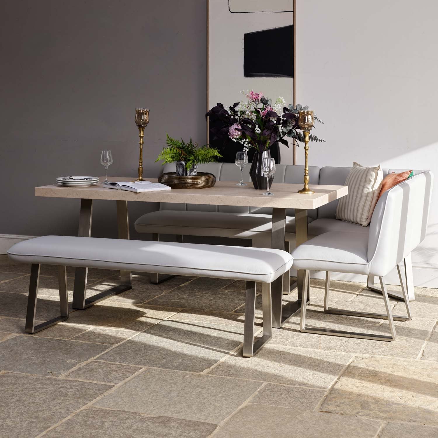 Neptune 180cm Dining Table with LHF Corner Bench & 160cm Low Bench - Misty