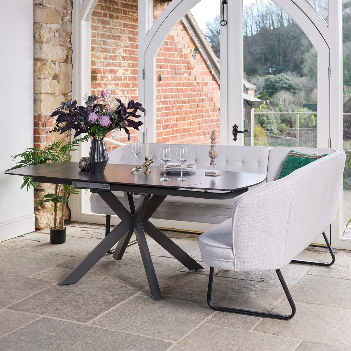 Saturn Dark Grey Motion Table with LHF Frampton Corner Bench - White