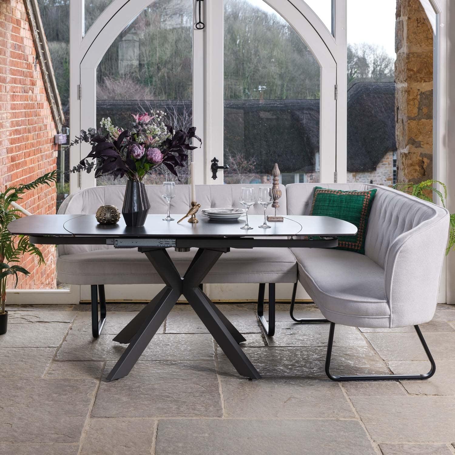 Saturn Dark Grey Motion Table with LHF Frampton Corner Bench - White