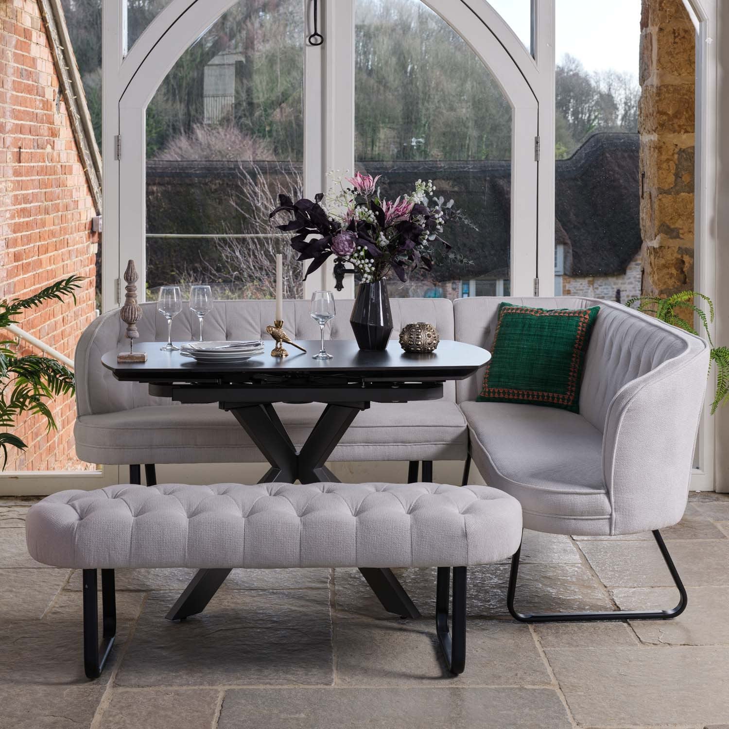 Saturn Dark Grey Motion Table with LHF Frampton Corner Bench & Low Bench - White