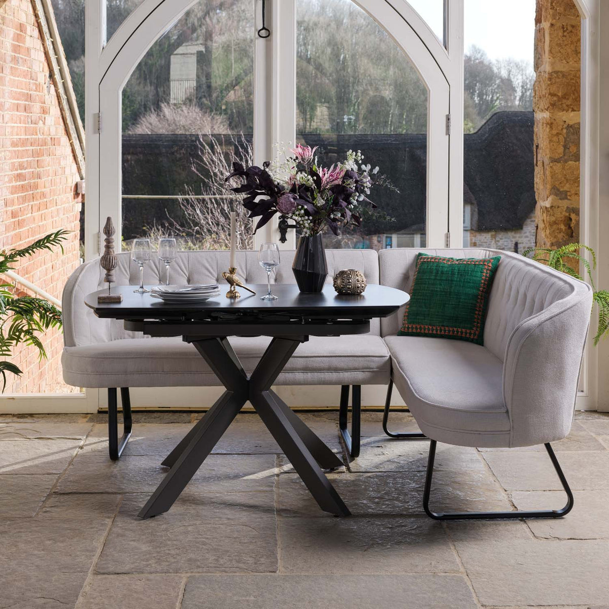 Saturn Dark Grey Motion Table with LHF Frampton Corner Bench & Low Bench - White