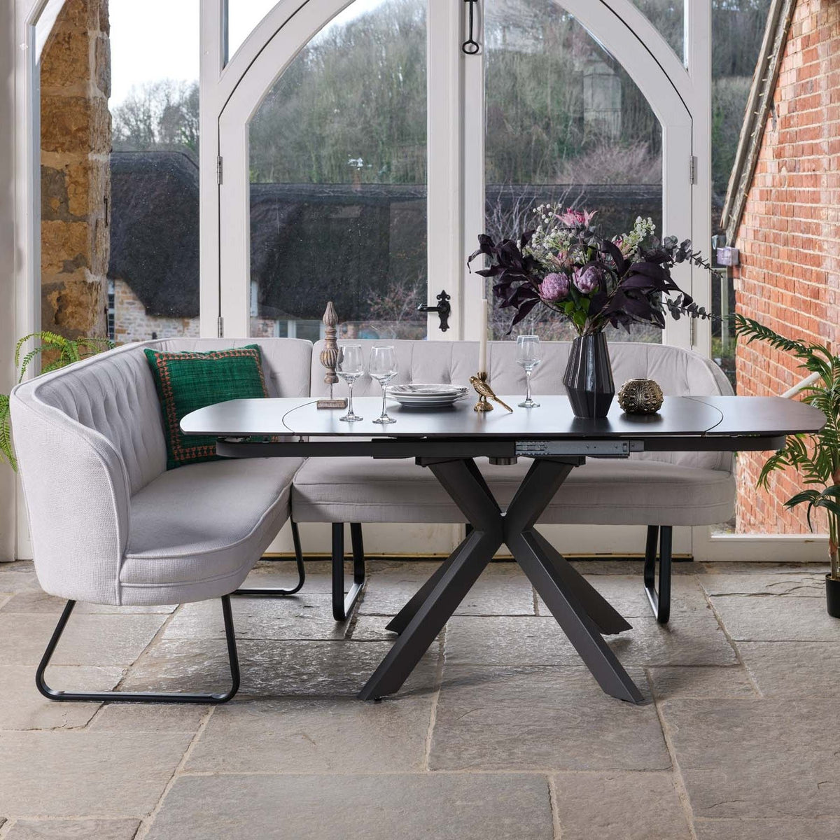 Saturn Dark Grey Motion Table with RHF Frampton Corner Bench & Low Bench - White