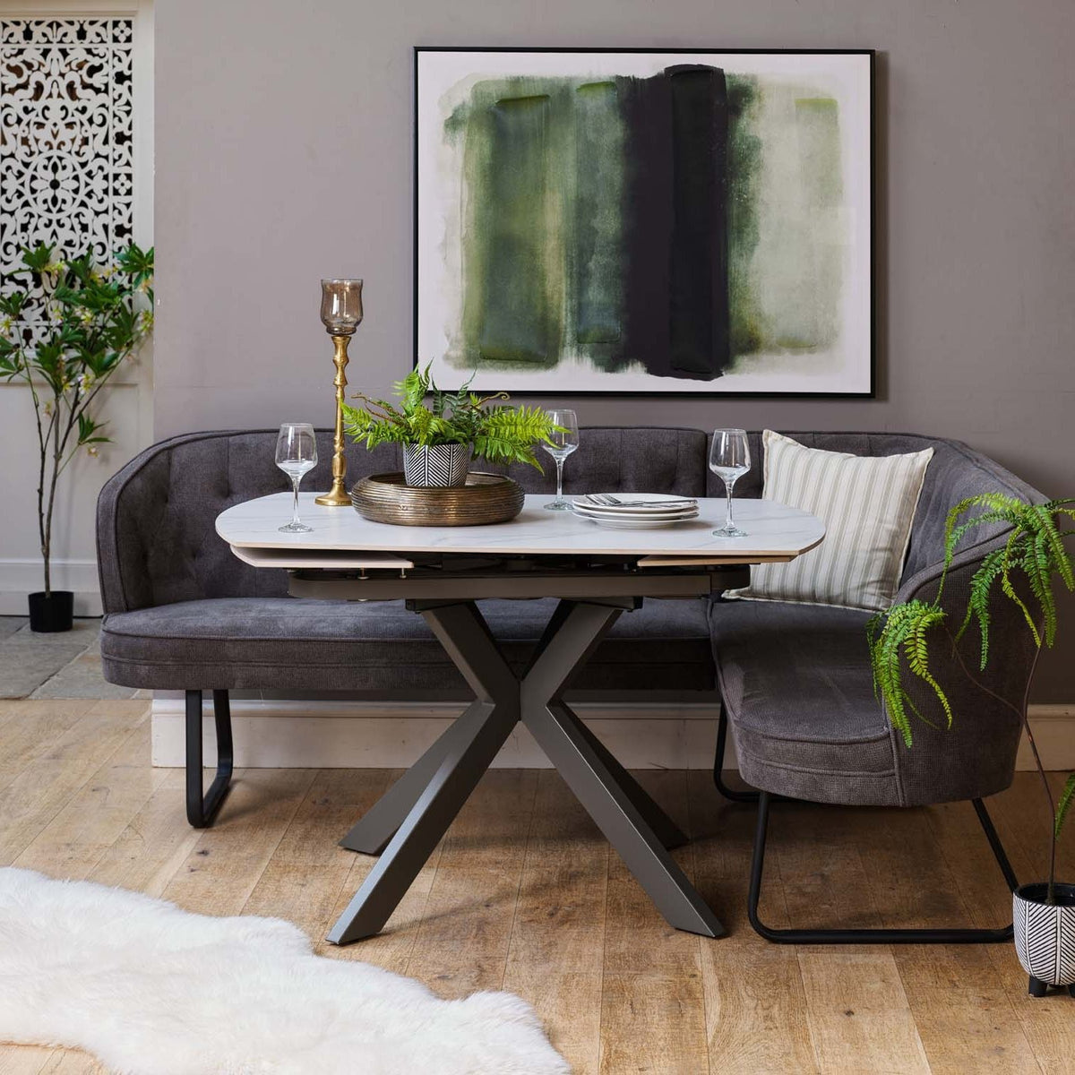 Saturn White Motion Table with LHF Frampton Corner Bench & Low Bench - Anthracite