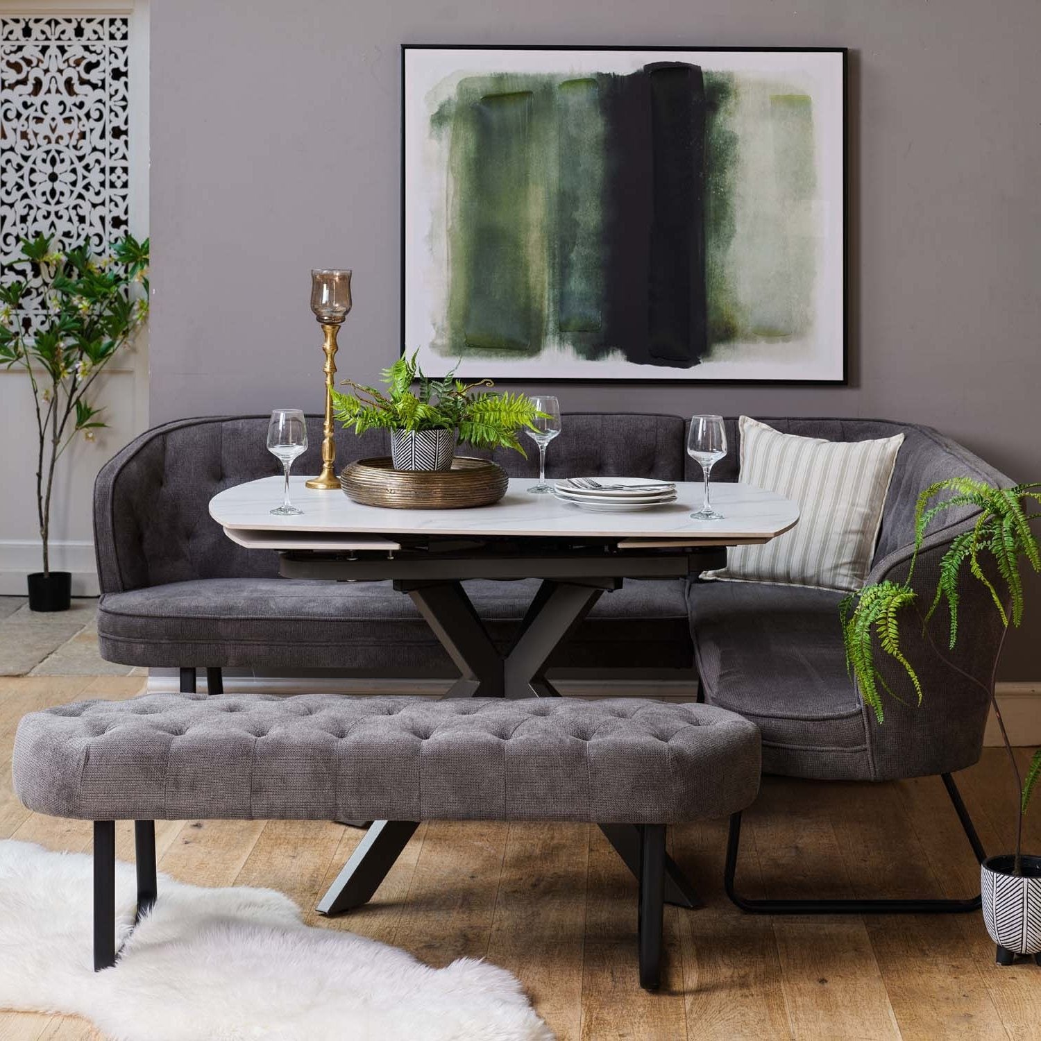 Saturn White Motion Table with LHF Frampton Corner Bench & Low Bench - Anthracite
