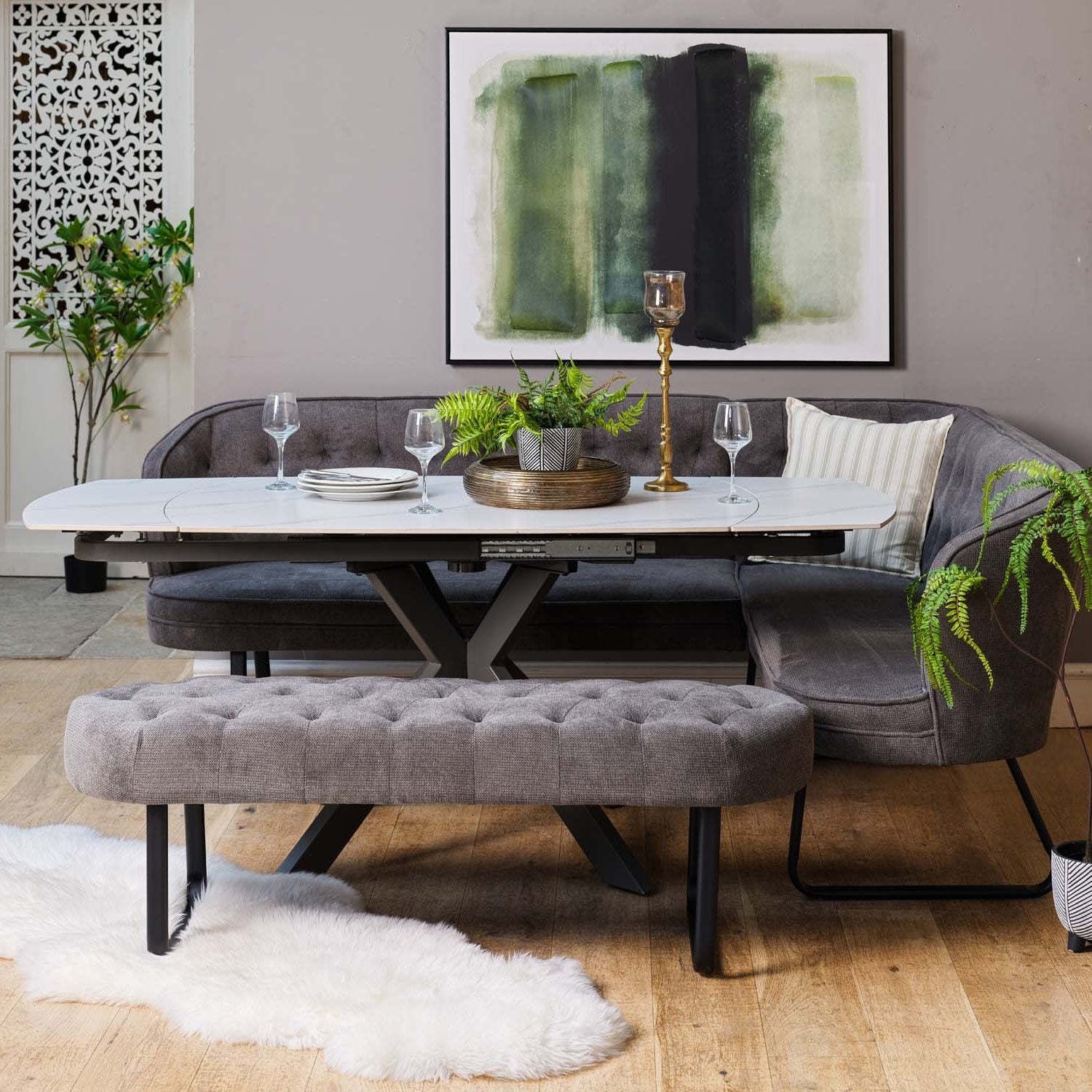 Saturn White Motion Table with LHF Frampton Corner Bench & Low Bench - Anthracite
