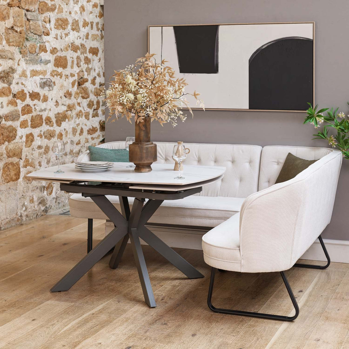 Saturn White Motion Table with LHF Frampton Corner Bench & Low Bench - White