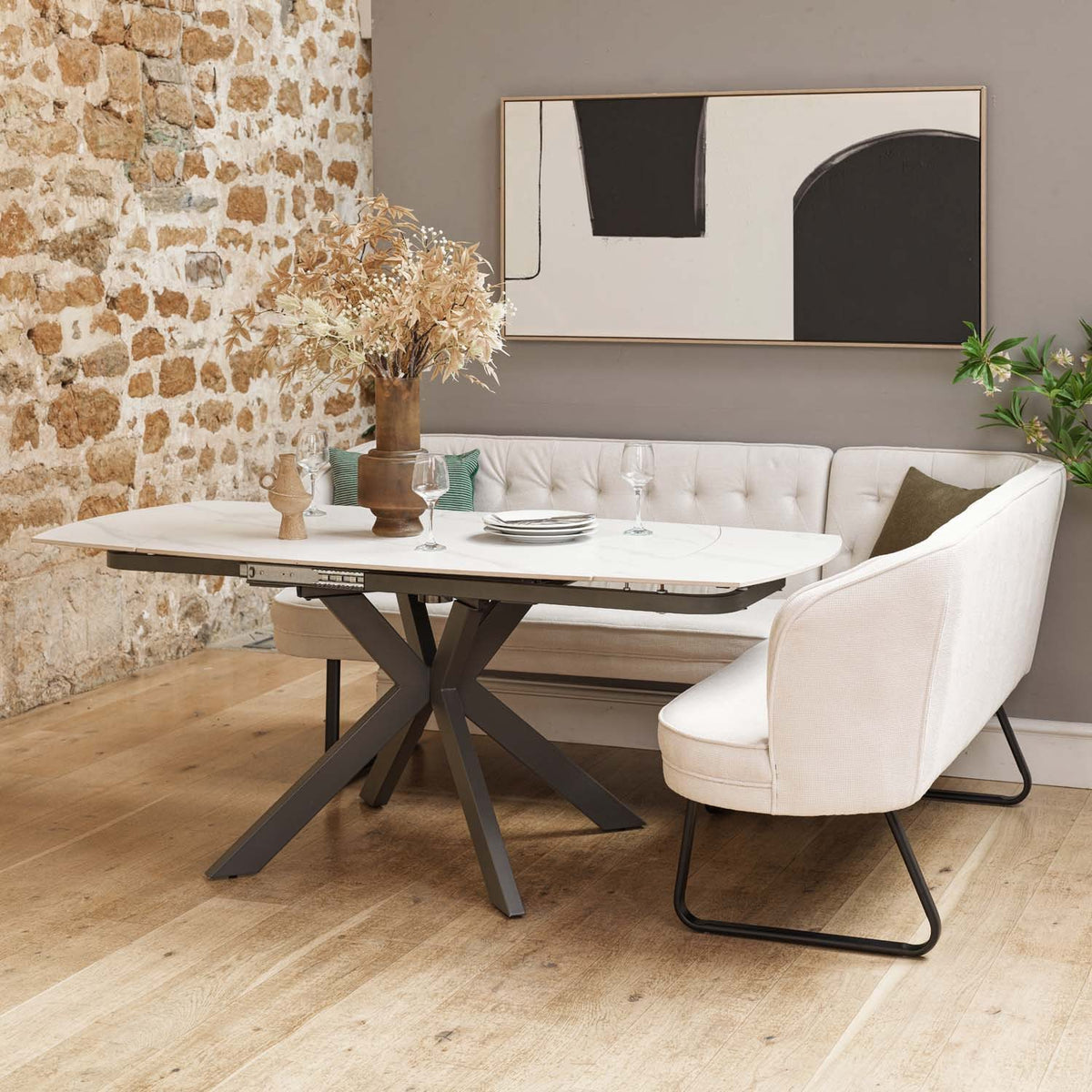 Saturn White Motion Table with LHF Frampton Corner Bench & Low Bench - White