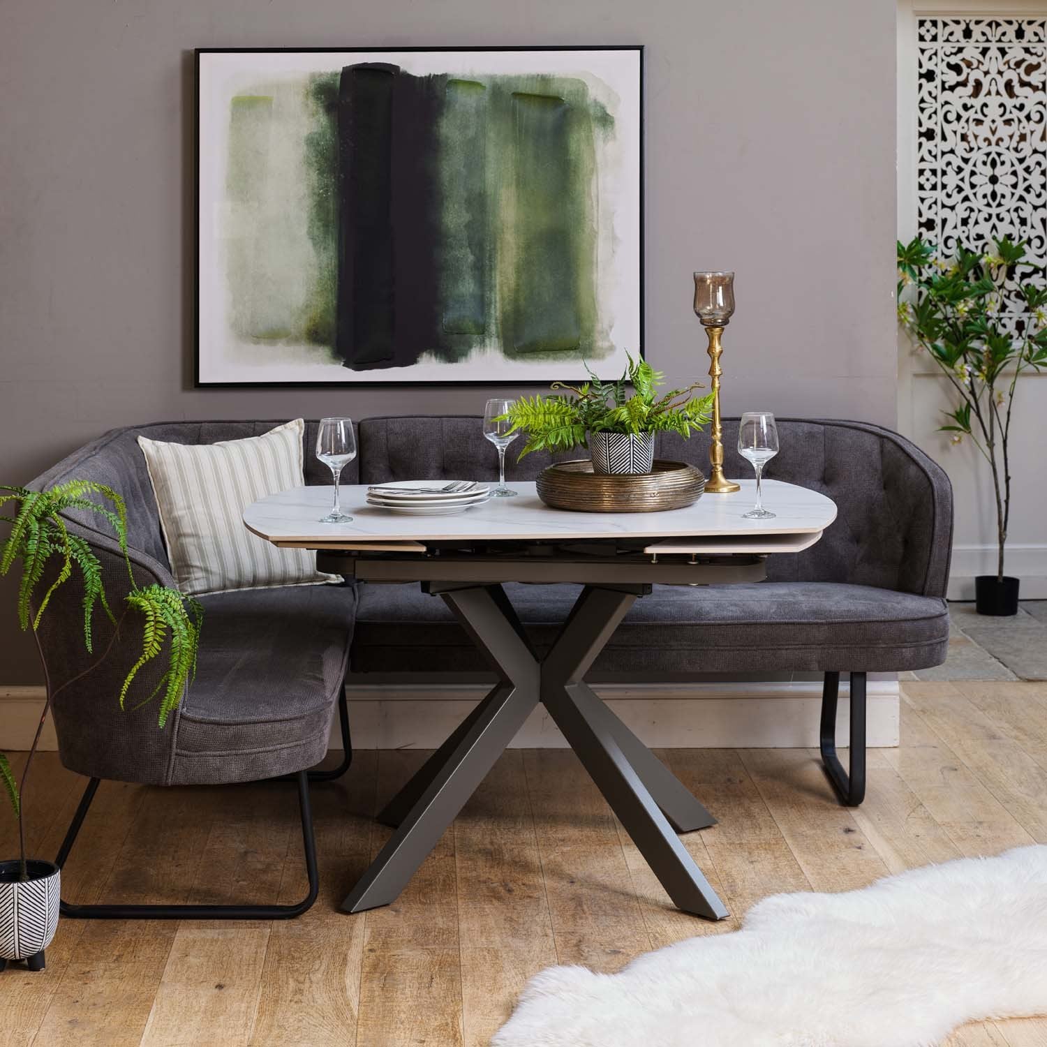 Saturn White Motion Table with RHF Frampton Corner Bench & Low Bench - Anthracite