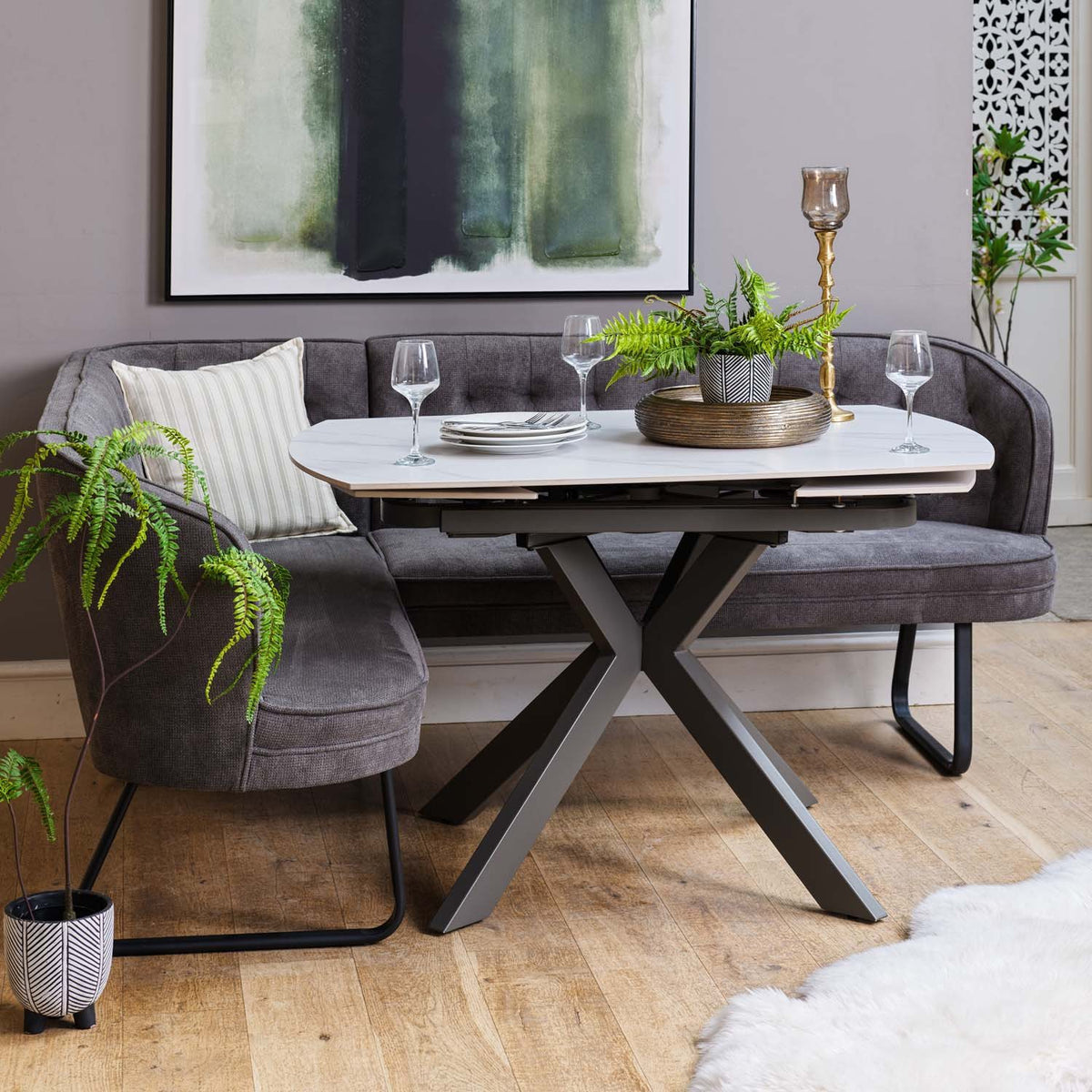 Saturn White Motion Table with RHF Frampton Corner Bench & Low Bench - Anthracite