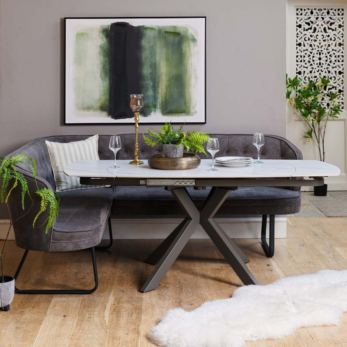 Saturn White Motion Table with RHF Frampton Corner Bench & Low Bench - Anthracite