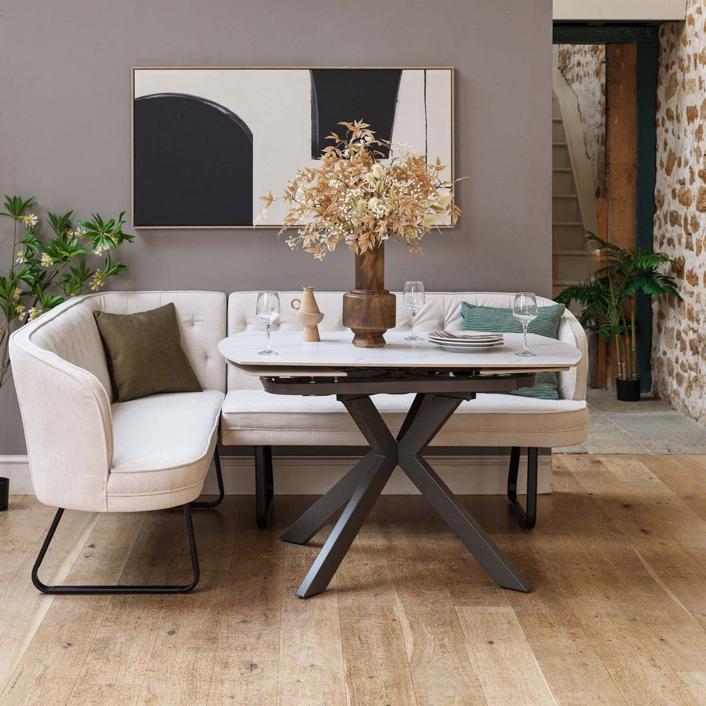 Saturn White Motion Table with RHF Frampton Corner Bench & Low Bench - White