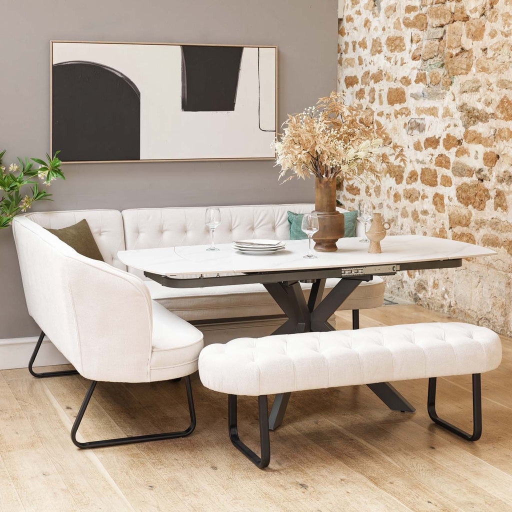 Saturn White Motion Table with RHF Frampton Corner Bench & Low Bench - White